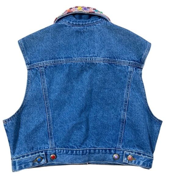 Vintage JouJou 80s 90s Rainbow Candy Look Sequin Beaded Collar Denim Vest ML - Picture 11 of 11